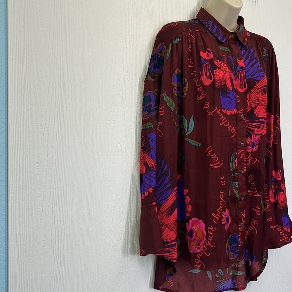 Free People - Silky NIghts Fun Print Button Down Long Sleeve Oversized Blouse S - Picture 3 of 11